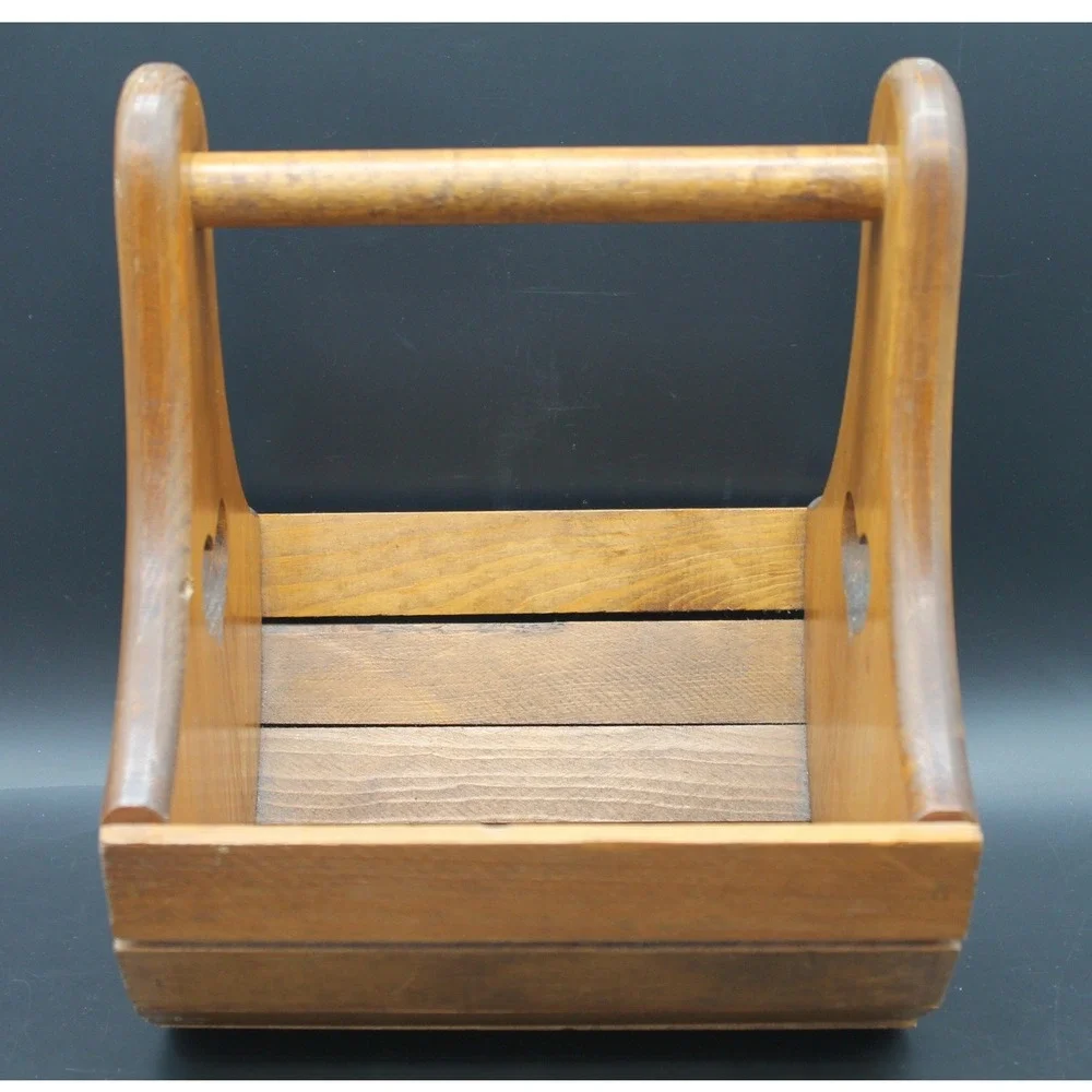 Vintage Wooden Basket Caddy Heart Cutout Handle Country Farmhouse 11